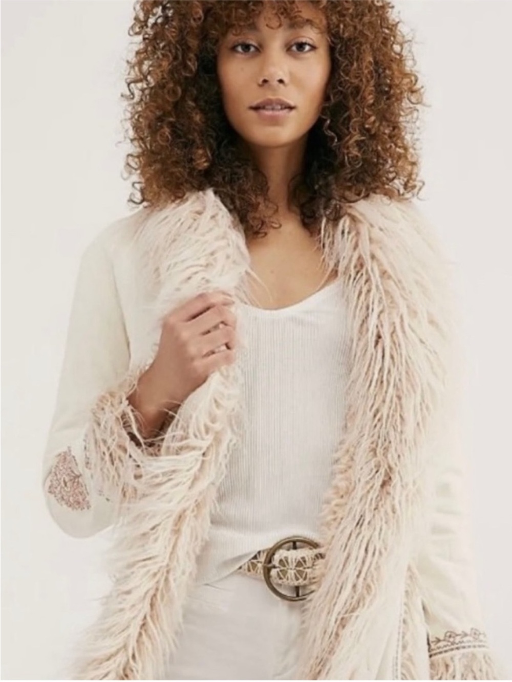 Spell & The Gypsy ‘Joplin’ Embroidered Penny Lane Faux Fur Trim Coat Sand Sable - Picture 10 of 10